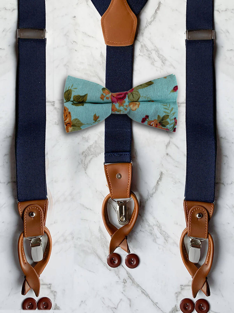 Navy Blue Suspenders / Blue Men's Suspenders / Blue Linen Bow Tie/ Blue  Linen Cufflinks / Blue Braces / Bow Tie and Suspenders 